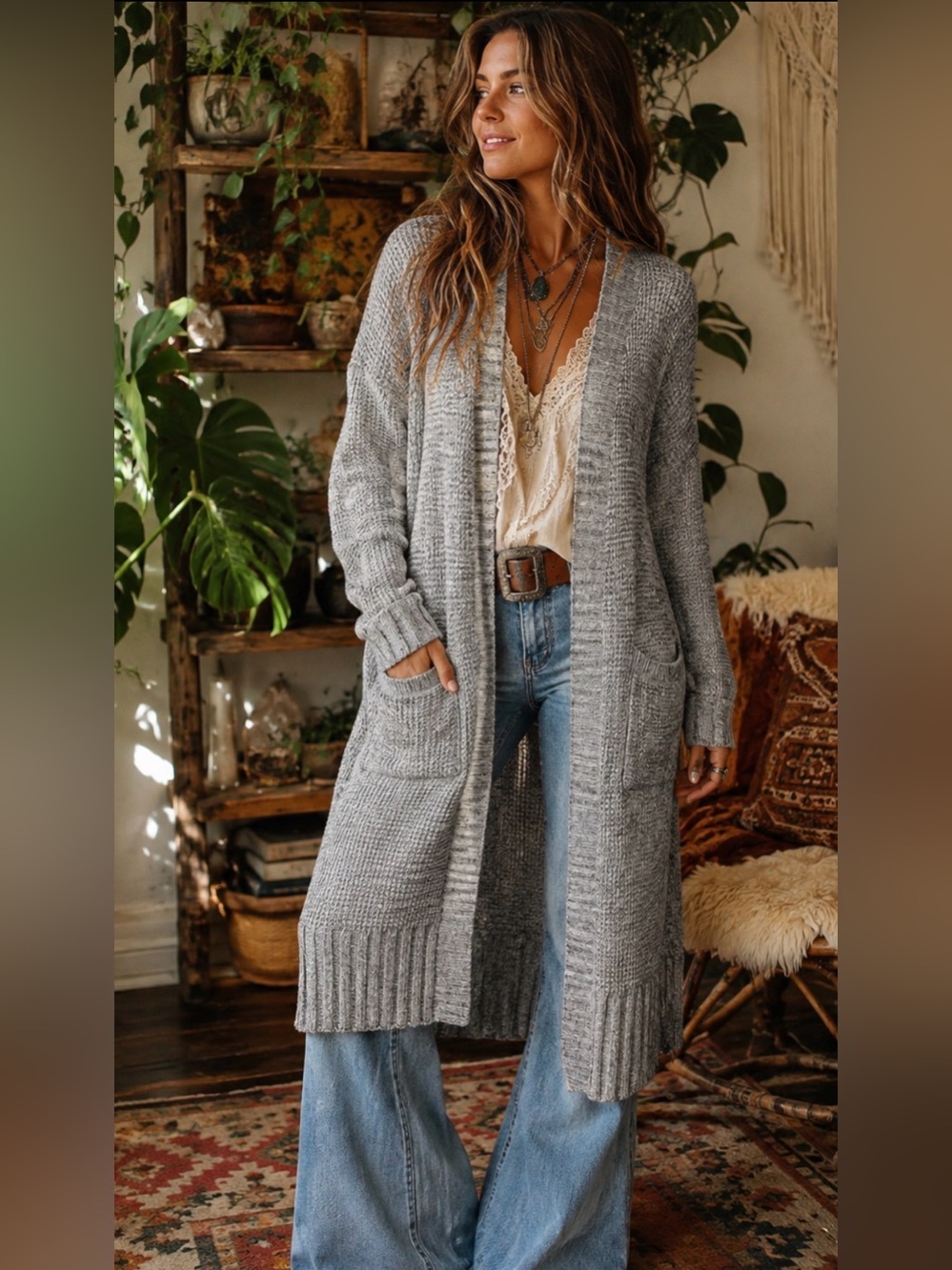 Shrinking Violet Gray Alpaca Blend Long Cardigan Sweater L Boho